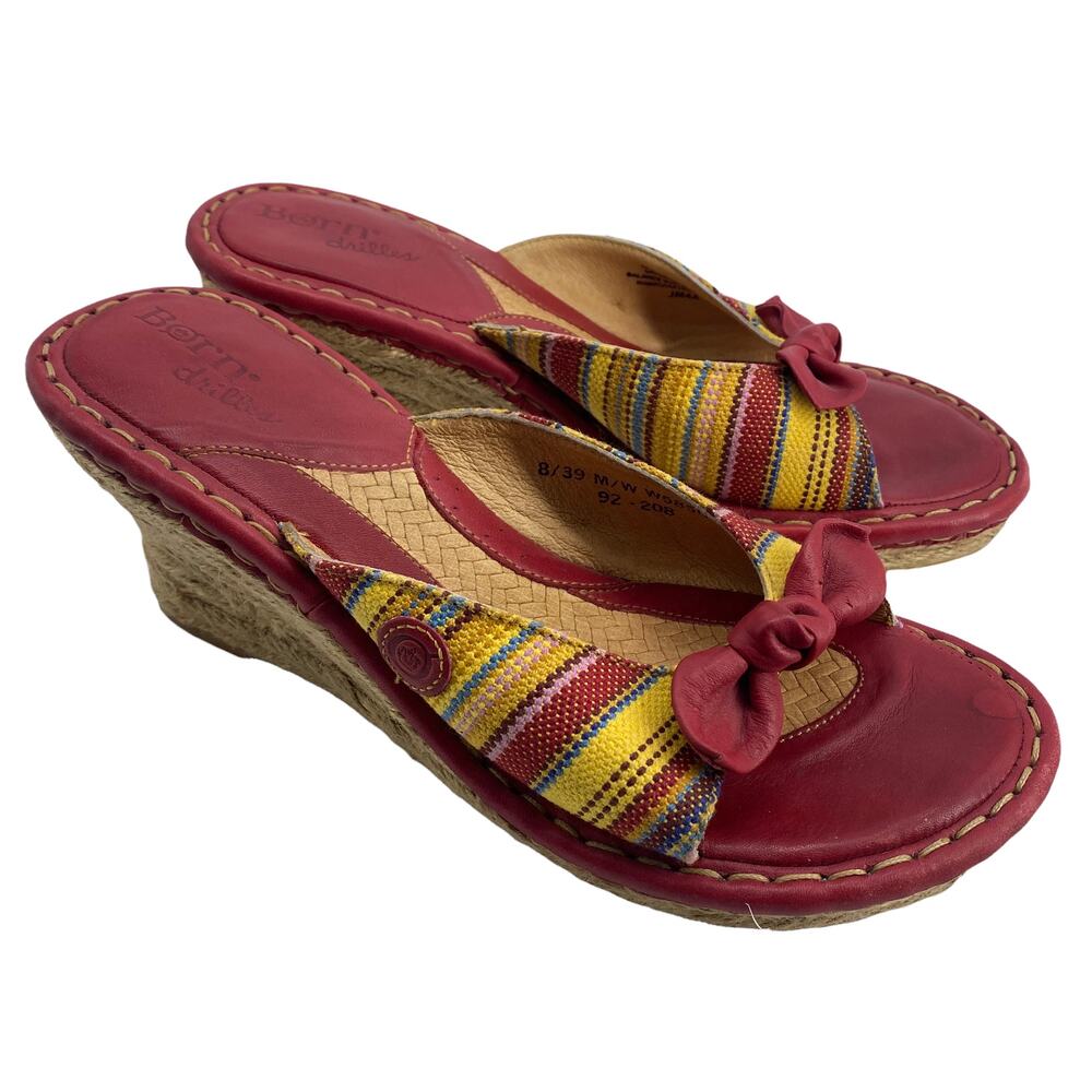 BORN Drilles 8 / 39 Striped Espadrilles Wedge Mule Open Toe Red Bow W5850
